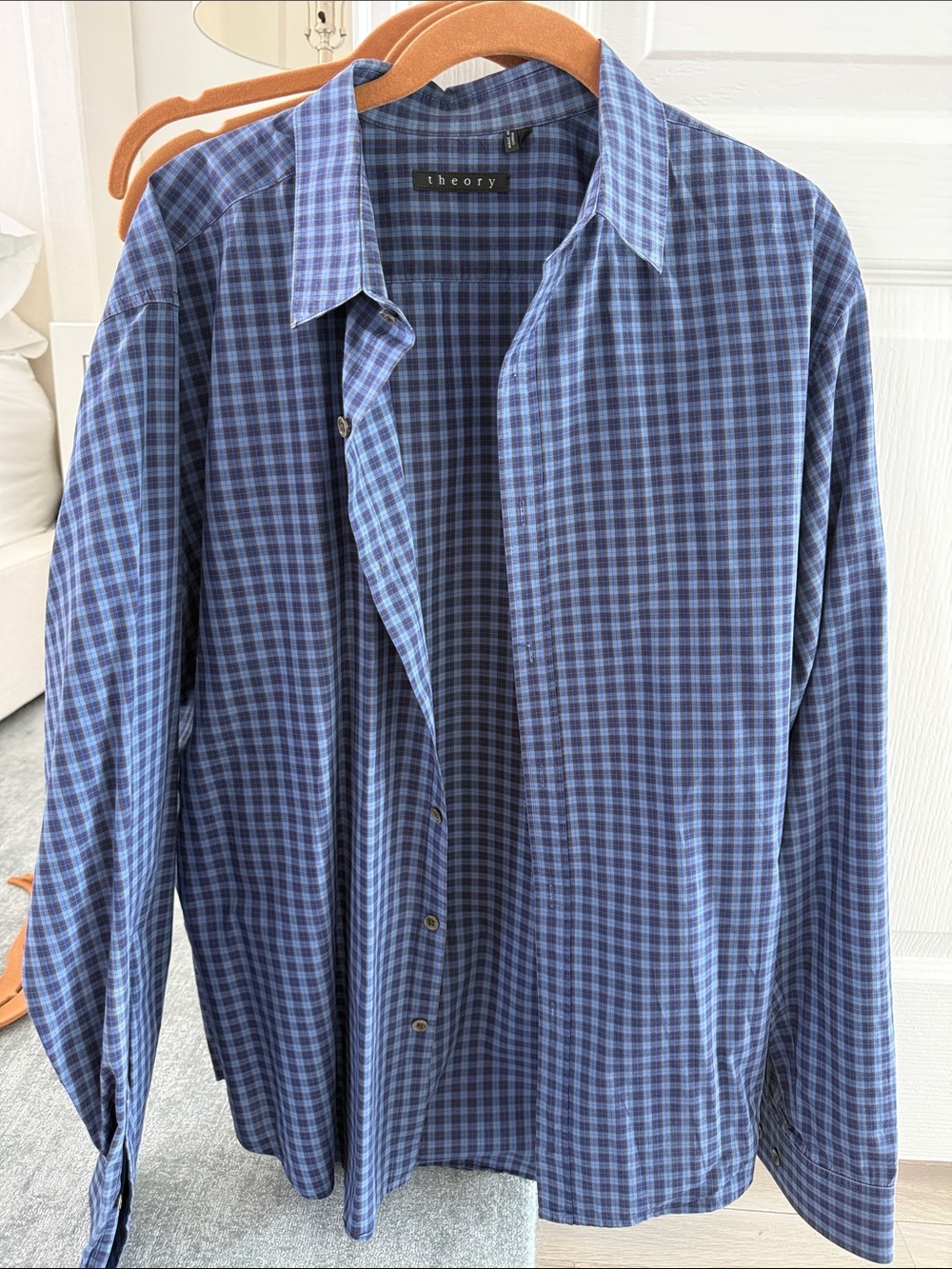 Theory Men's Navy and Light Blue Check Button-Down Shirt